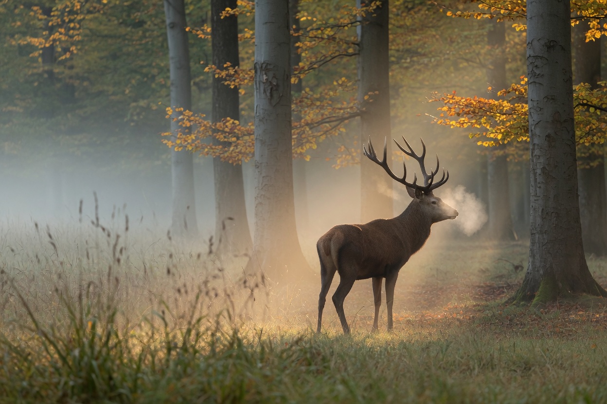 Red deer stag rim-lit by golden morning sun in a misty North Hesse beech